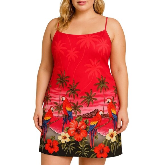 Tropical Print Red Spaghetti Strap Dress With Palm Trees & Parrots Size XL - Picture 1 of 9